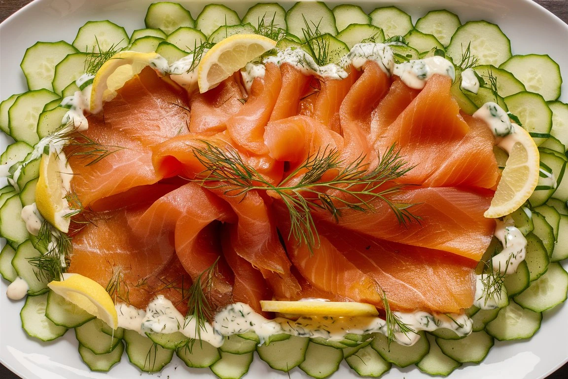 Smoked salmon cucumber bites garnished with fresh dill and lemon on a serving platter.