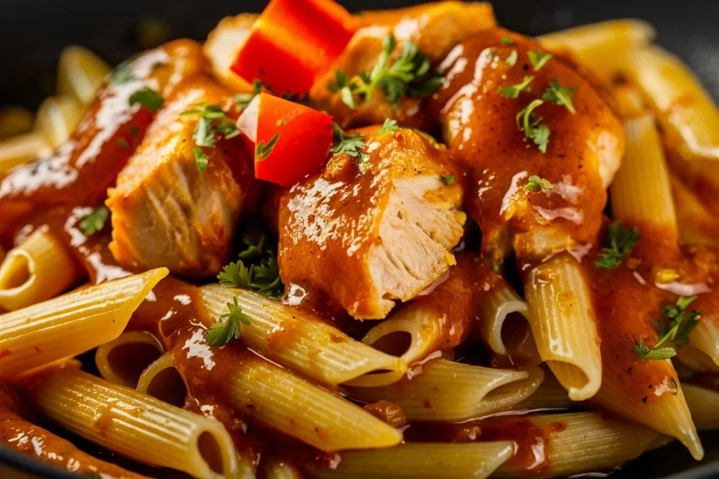  A plate of Honey Pepper Chicken Pasta with juicy chicken, penne, and a rich honey-pepper sauce.