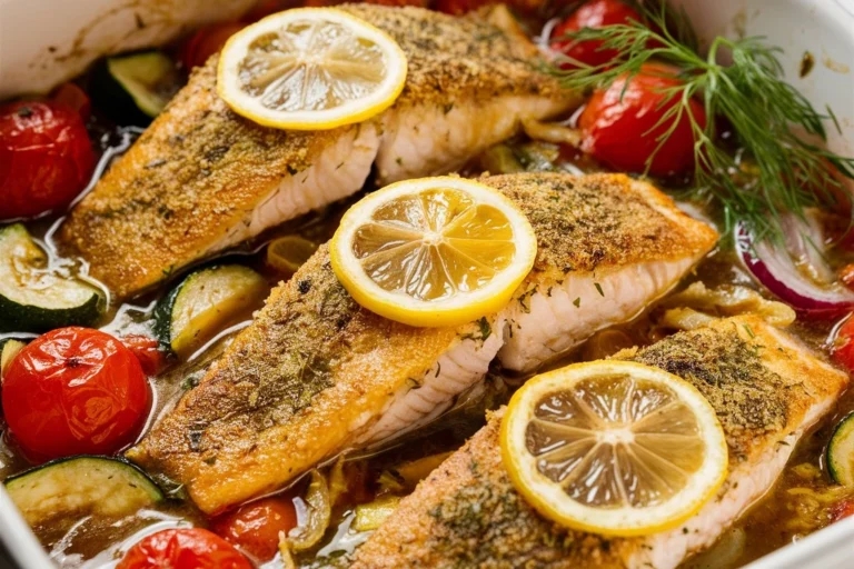 Baked fish with lemon, herbs, and vegetables