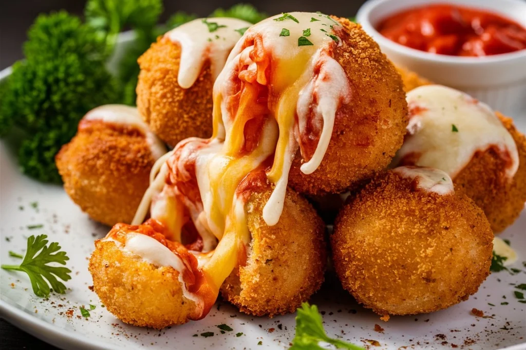 Mozzarella Bites being dipped into marinara sauce, showcasing the gooey cheese pull.
