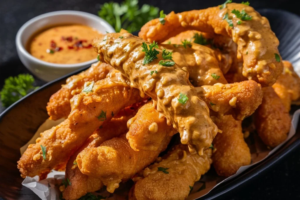 A platter of Crispy Bang Bang Chicken served with rice and garnished with green onions.