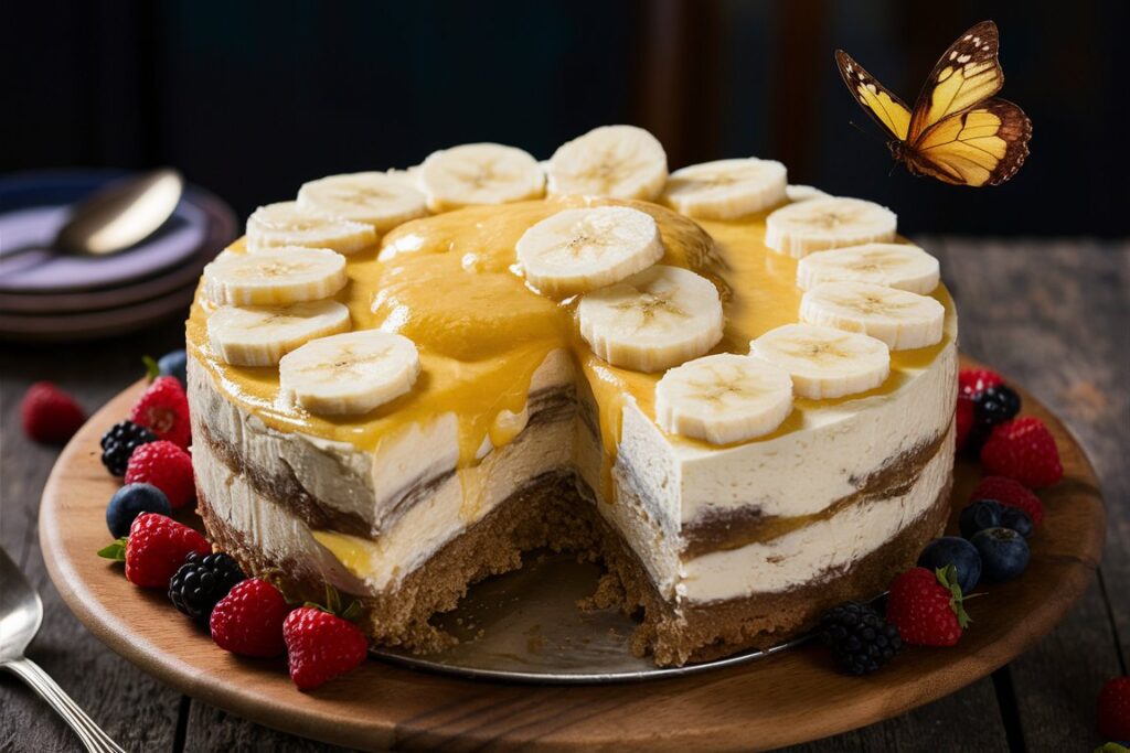  Layers of no-bake banana pudding cheesecake topped with whipped cream and banana slices