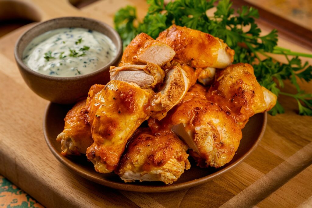 Golden-brown baked buffalo chicken tenders drizzled with spicy sauce.