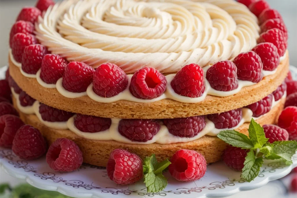 Whole Vanilla Raspberry Cake decorated with fresh raspberries and powdered sugar on a wooden table.