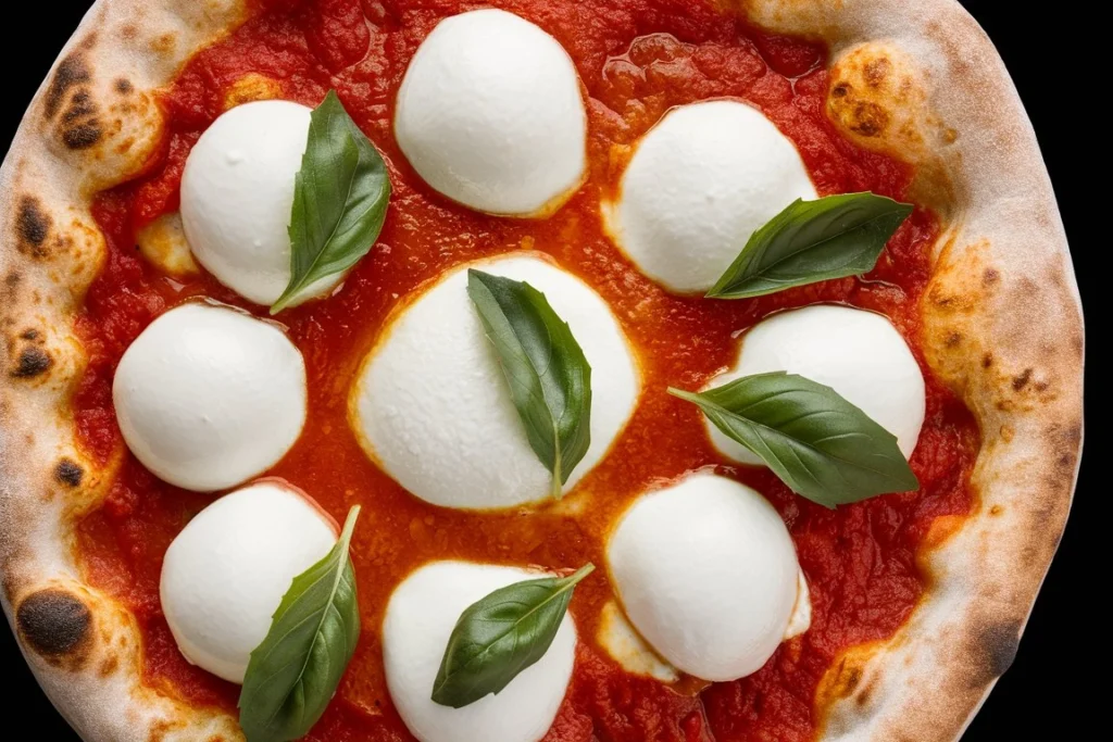 A hand serving a slice of Margherita pizza, with melted mozzarella stretching between slices.