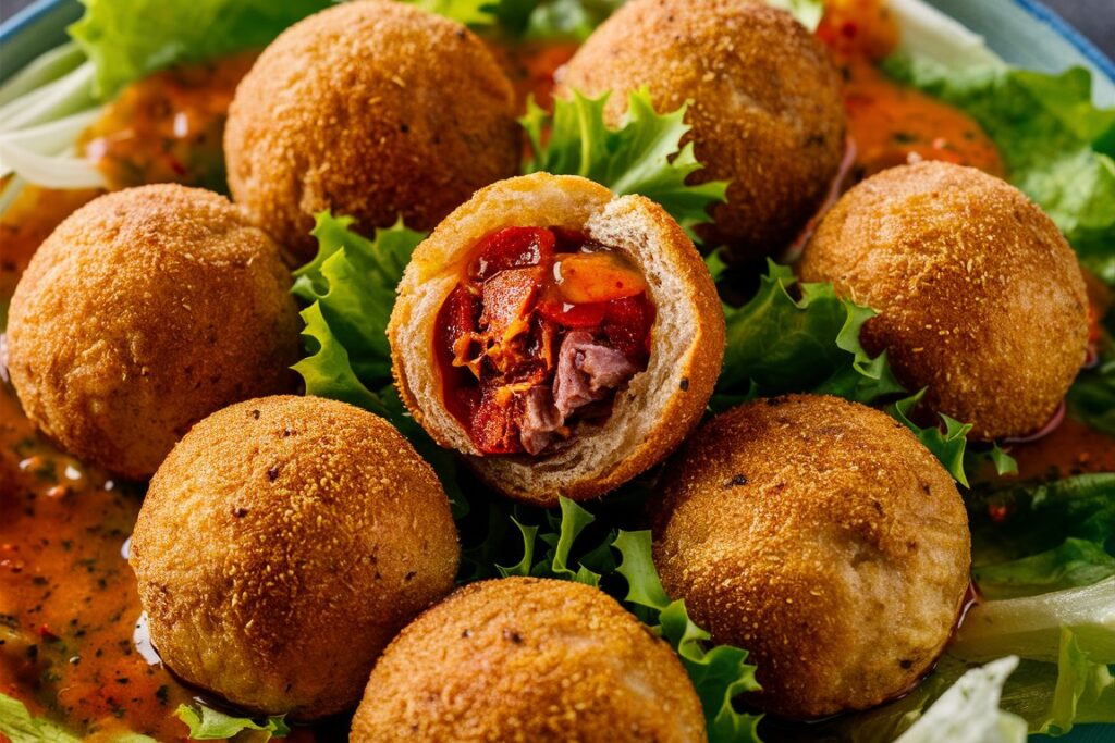 Deep-fried spicy Reuben balls stacked on a plate, garnished with fresh parsley and served with a side of dipping sauce.