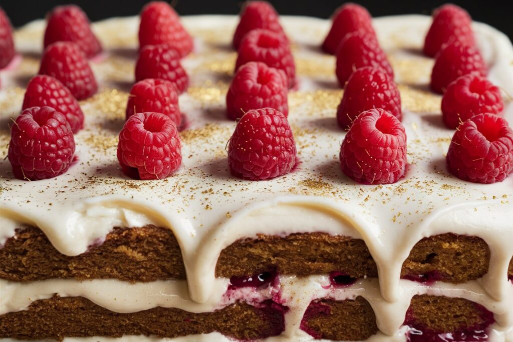 A slice of Vanilla Raspberry Cake topped with fresh raspberries and cream, sitting on a white dessert plate.