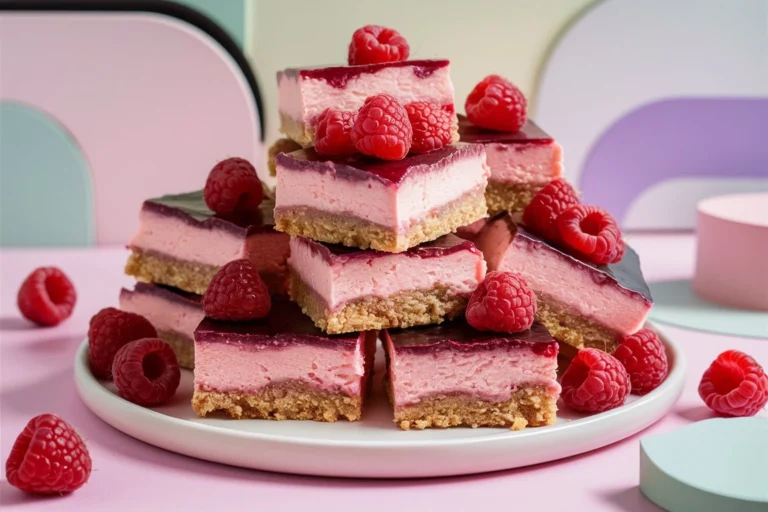 Close-up of creamy raspberry cheesecake bars with a swirl of vibrant red raspberries on top