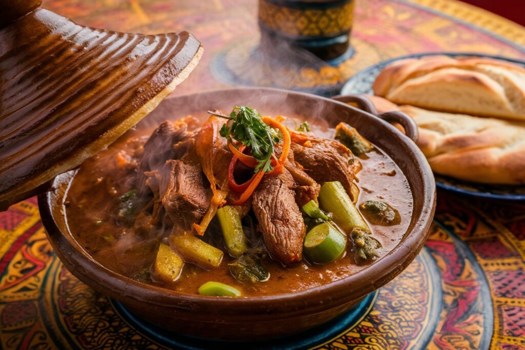 Traditional Moroccan tajine with tender meat, vegetables, and aromatic spices, served in a clay pot.