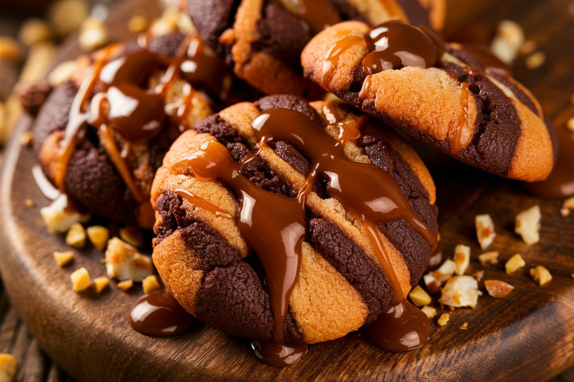 Delicious caramel chocolate cookies with caramel drizzle