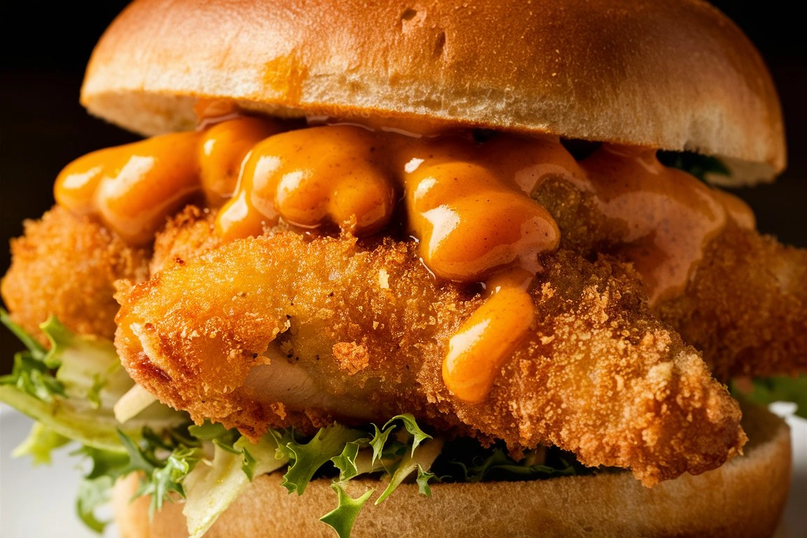 Golden, crispy chicken fillet inside a soft, toasted bun with fresh lettuce, pickles, and creamy sauce.