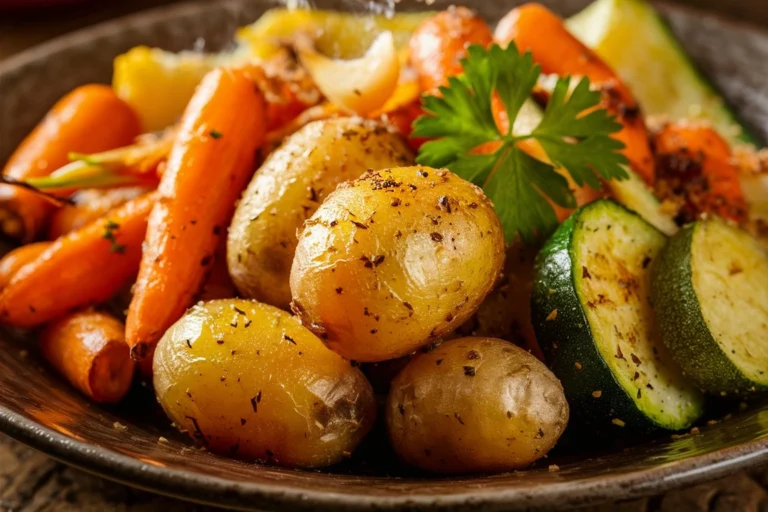 A tray of golden-brown garlic herb roasted potatoes, carrots, and zucchini fresh out of the oven