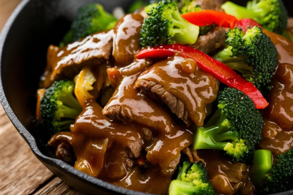 Beef and Broccoli Stir Fry served in a black skillet with red bell peppers and sesame seeds