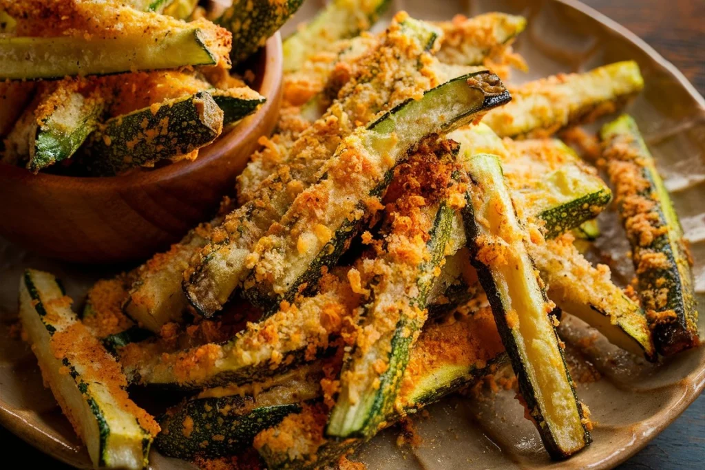 Fresh zucchini sticks coated with Parmesan cheese and breadcrumbs before baking