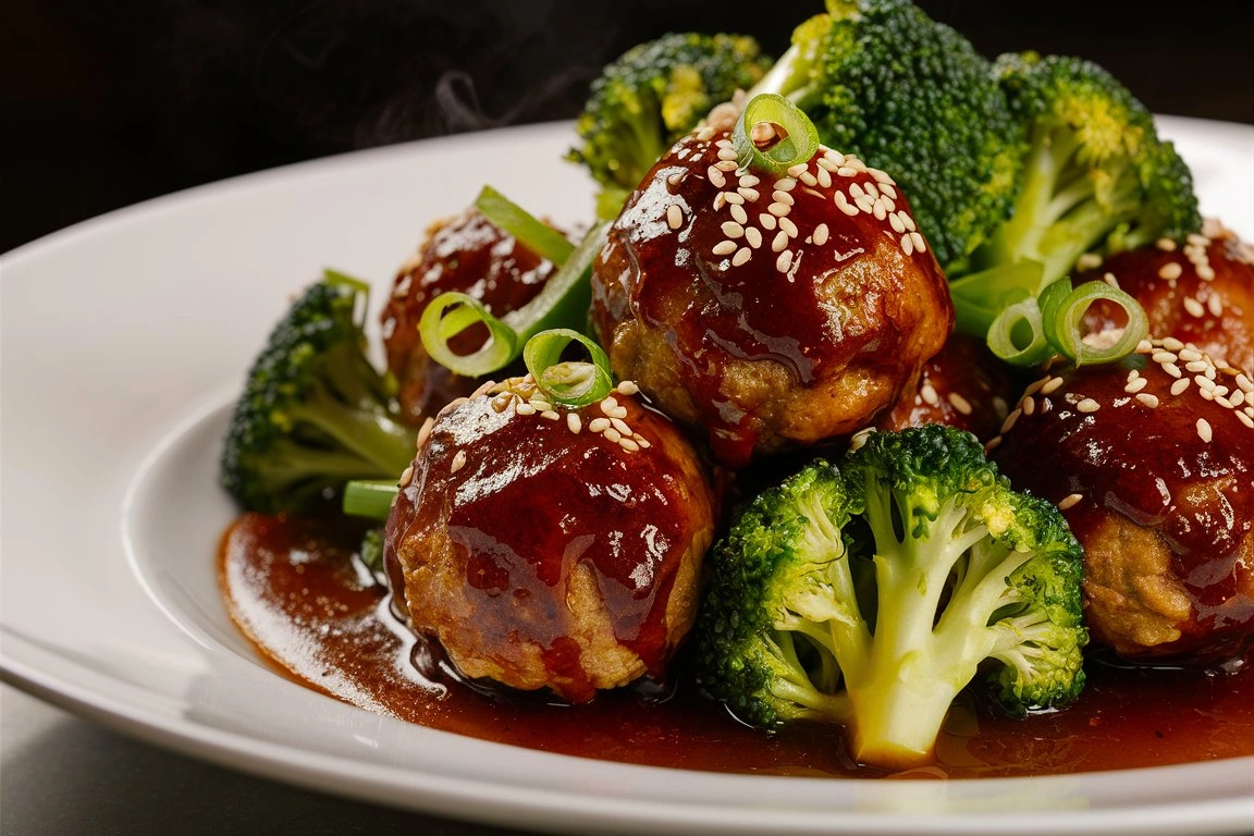 A delicious plate of Mongolian Meatballs and Broccoli, coated in a glossy, sticky sauce and garnished with sesame seeds and green onions. Served alongside steamed broccoli for a perfect balance of flavors.