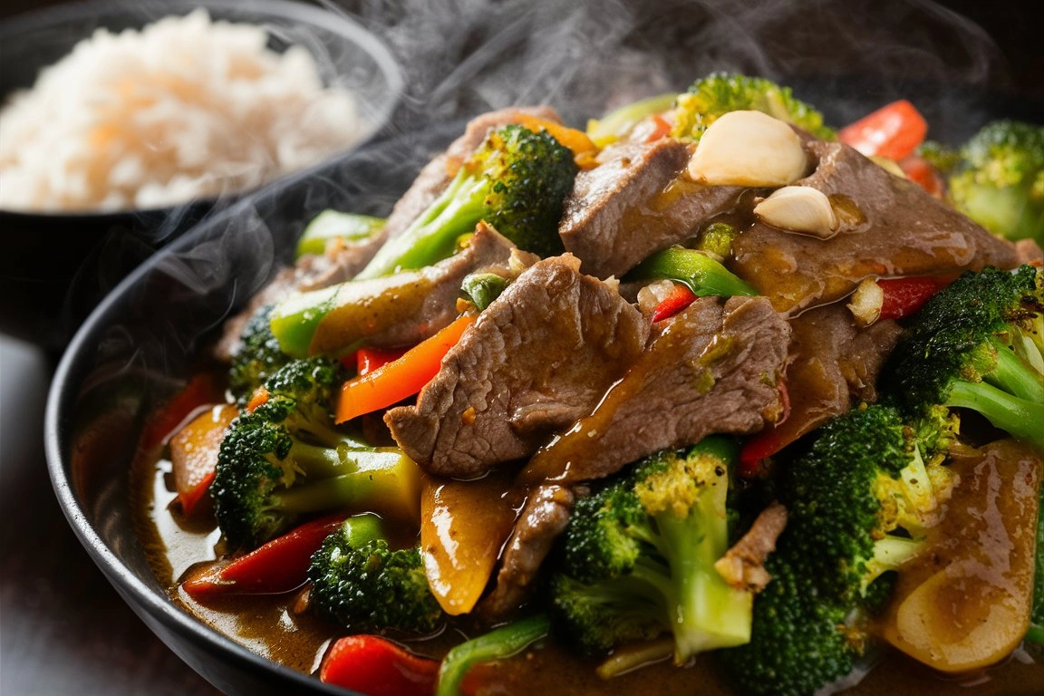 Close-up of Beef and Broccoli Stir Fry with tender beef slices and crisp broccoli in a savory sauce.