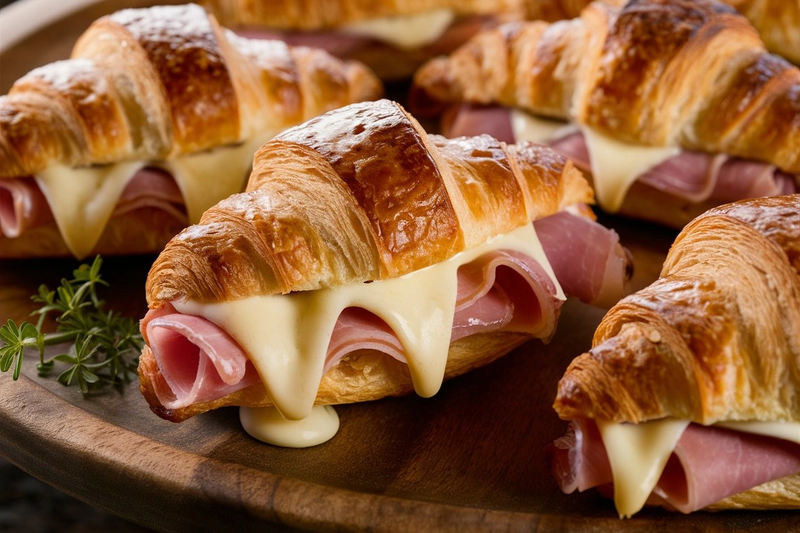 Golden, flaky croissants filled with layers of melted cheese and savory ham, baked to perfection and brushed with butter