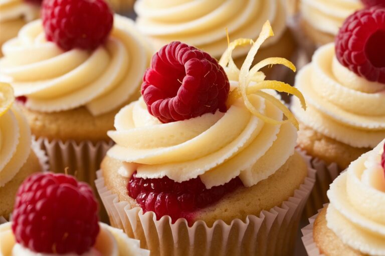 A close-up of raspberry lemon cupcakes with a lemon slice and raspberry garnish