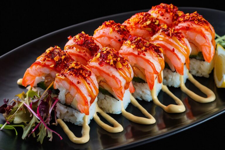 A beautifully layered spicy shrimp sushi stack topped with sesame seeds and green onions.