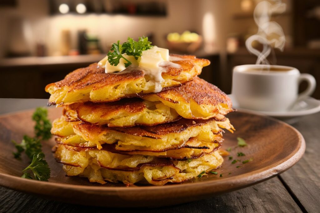 Homemade potato pancakes served with fresh herbs and a side of applesauce.