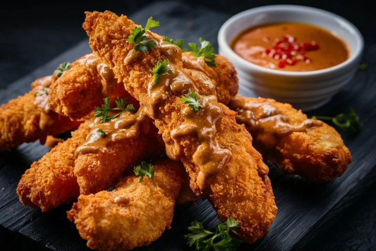 A plate of Crispy Bang Bang Chicken with golden-brown chicken pieces drizzled with creamy sauce.