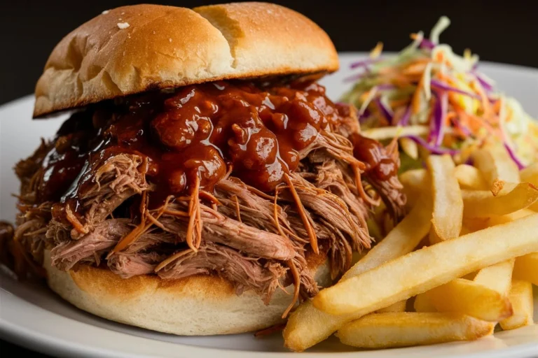 Tender tangy BBQ pulled beef shredded and served in a sandwich with coleslaw