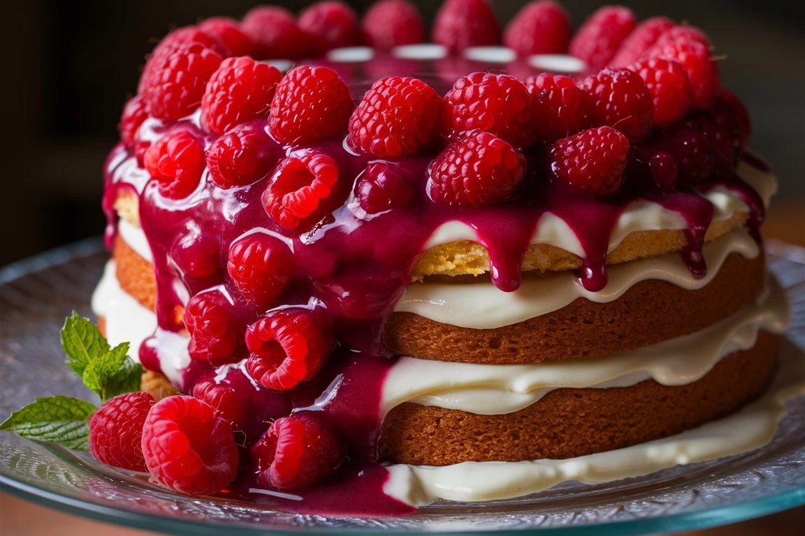 A beautifully frosted Vanilla Raspberry Cake garnished with fresh raspberries and powdered sugar, served on a white plate.