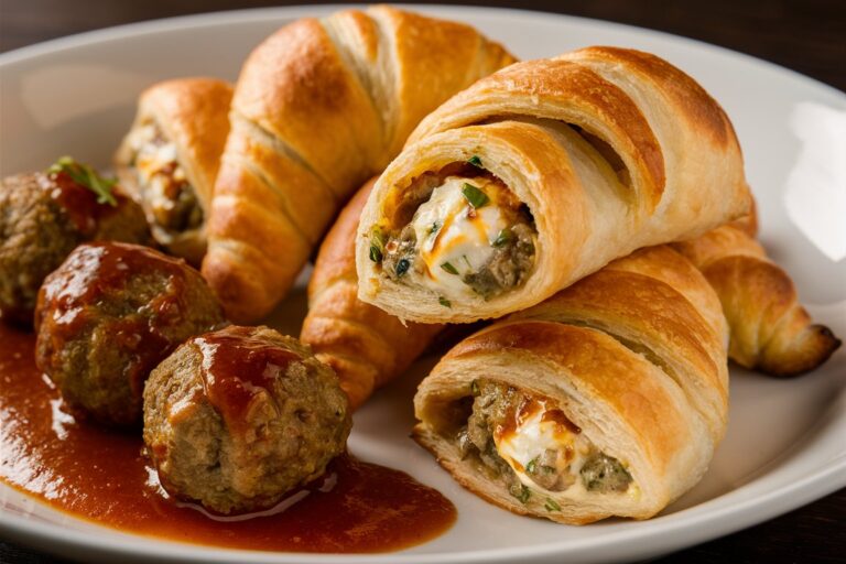 A golden-brown crescent roll stuffed with a creamy cheese mixture and a juicy meatball, served with marinara dipping sauce.