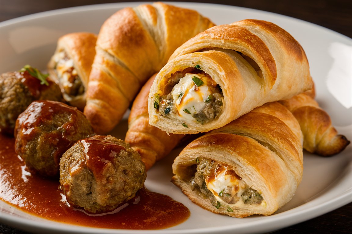 A golden-brown crescent roll stuffed with a creamy cheese mixture and a juicy meatball, served with marinara dipping sauce.