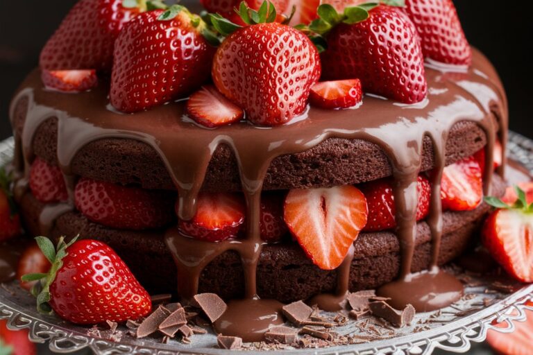 A decadent chocolate strawberry cake topped with fresh strawberries and rich chocolate ganache.