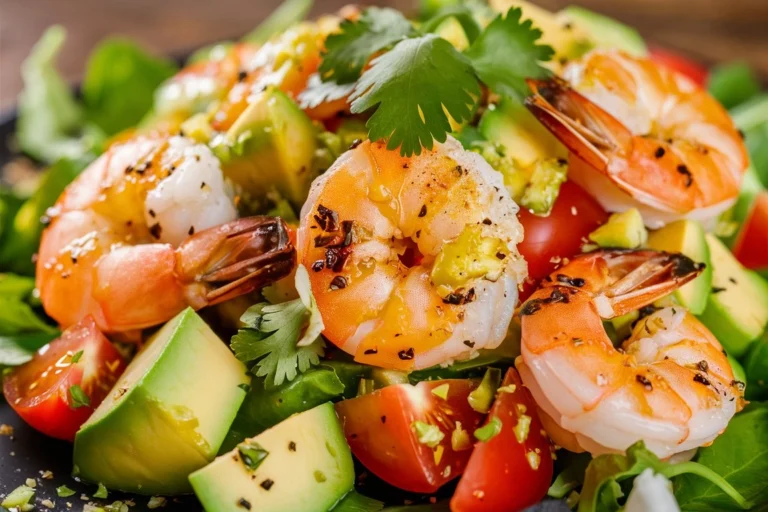 A vibrant bowl of Avocado Salsa Shrimp Salad with juicy shrimp, creamy avocado, and fresh greens.