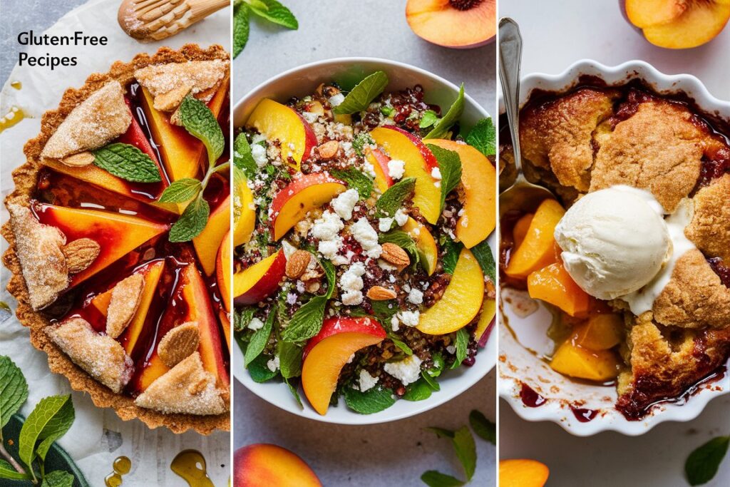 Delicious gluten-free peach cobbler served with a scoop of vanilla ice cream