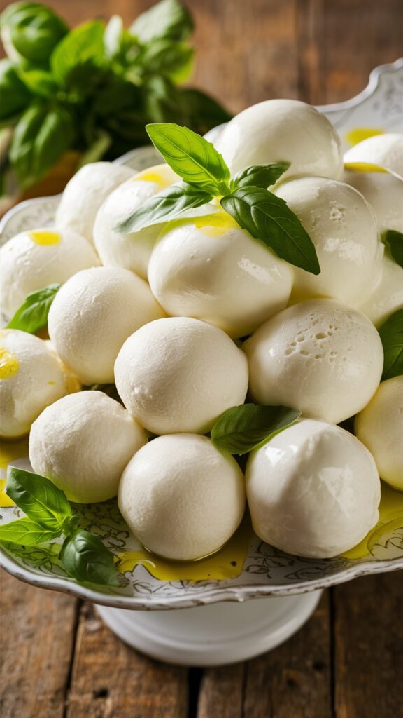 A platter of fresh mozzarella balls garnished with basil and drizzled with balsamic glaze.