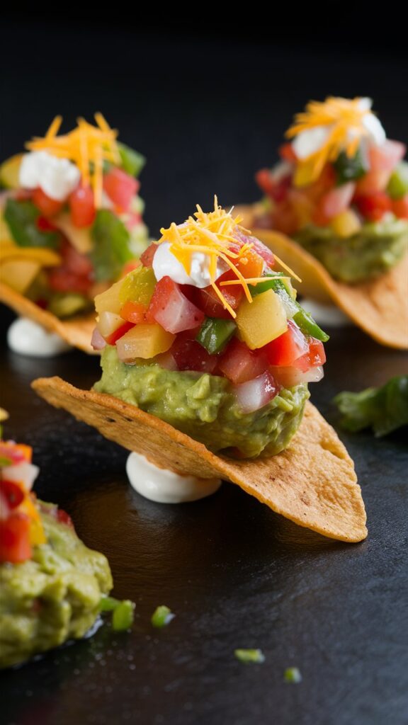 Golden tortilla scoops served on a plate with a variety of dips, including cheese and bean dip.