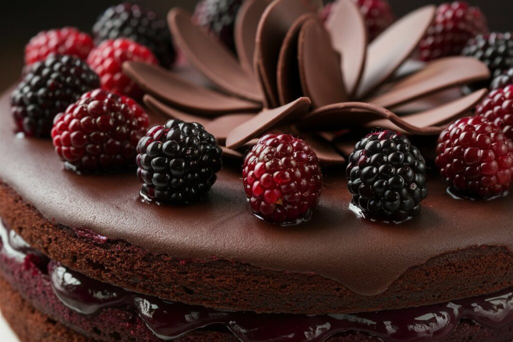 Luxurious dark chocolate cake topped with fresh blackberries and a glossy chocolate glaze, a treat for both the eyes and tastebuds.