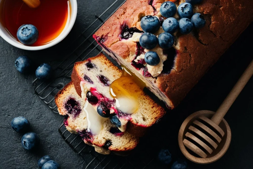 A freshly baked loaf of blueberry cream cheese bread with a golden crust and creamy swirls.