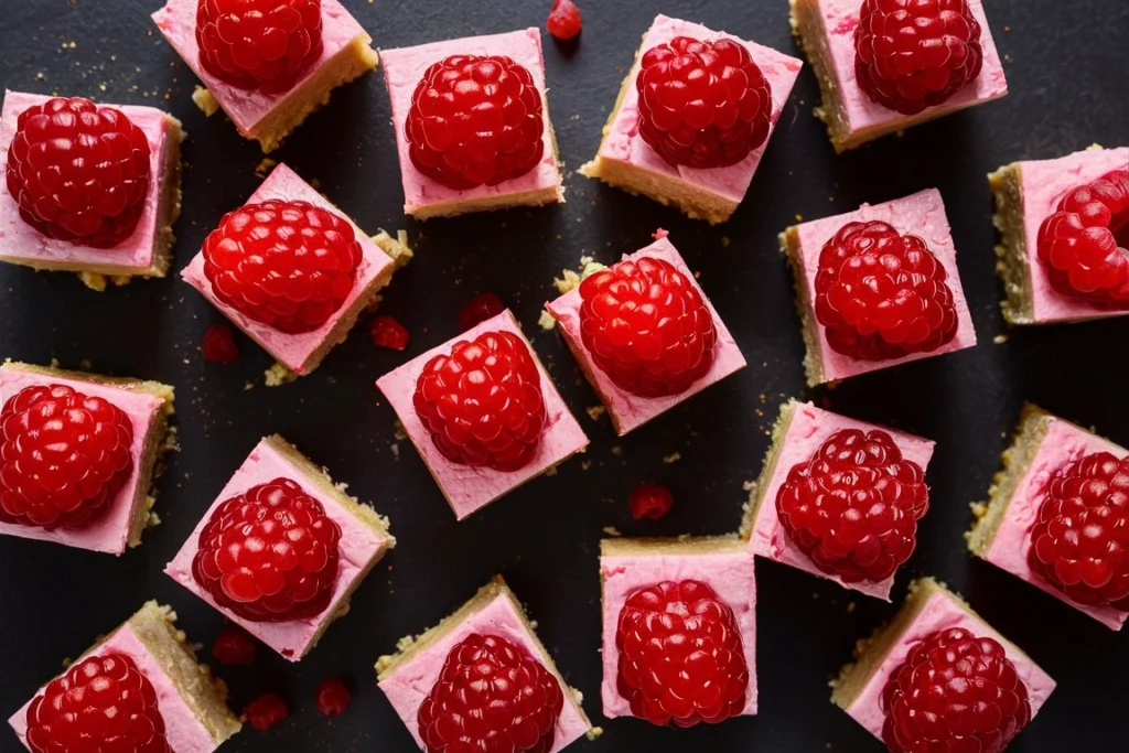 A tray of freshly baked raspberry cheesecake bars with a golden-brown crust and raspberry topping.