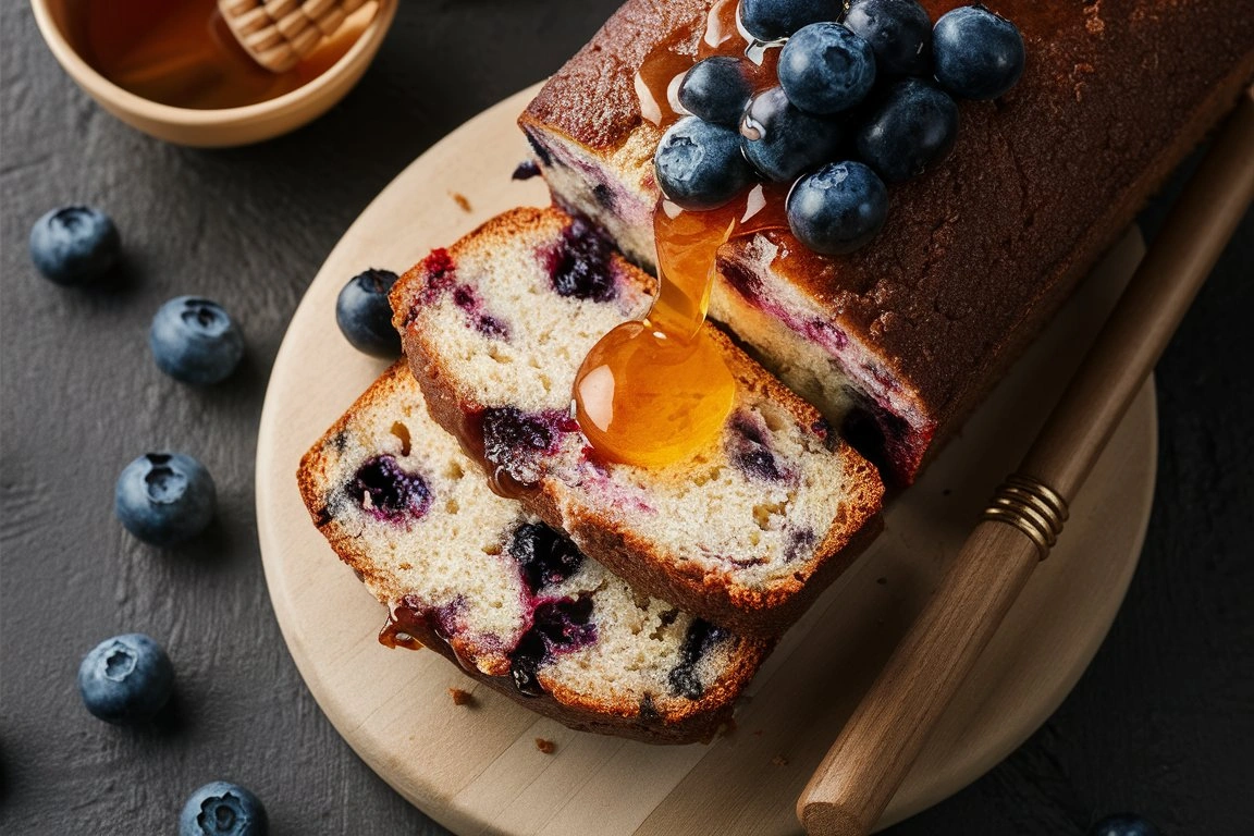 A freshly baked loaf of Blueberry Cream Cheese Bread with golden crust, bursting with juicy blueberries and creamy swirls, served on a wooden board.