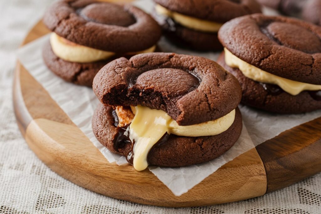 Decadent cheesecake stuffed chocolate cookies with a gooey center and rich chocolate exterior.