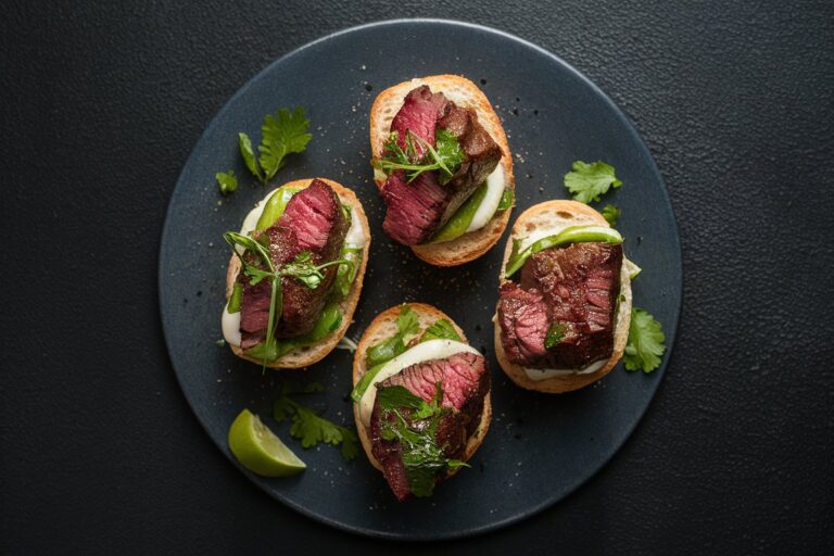 Crispy crostini topped with tender sliced steak, arugula, and balsamic glaze, served on a wooden platter.