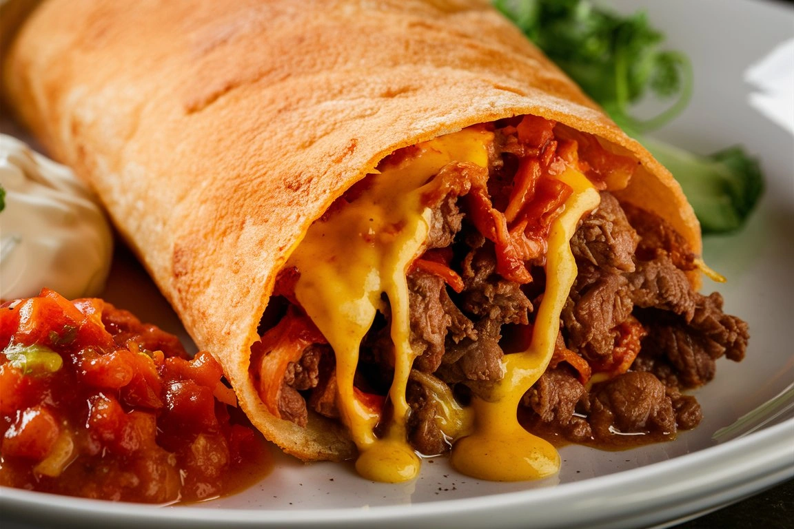 Beef and Cheese Chimichangas on a plate with fresh cilantro and lime wedges.