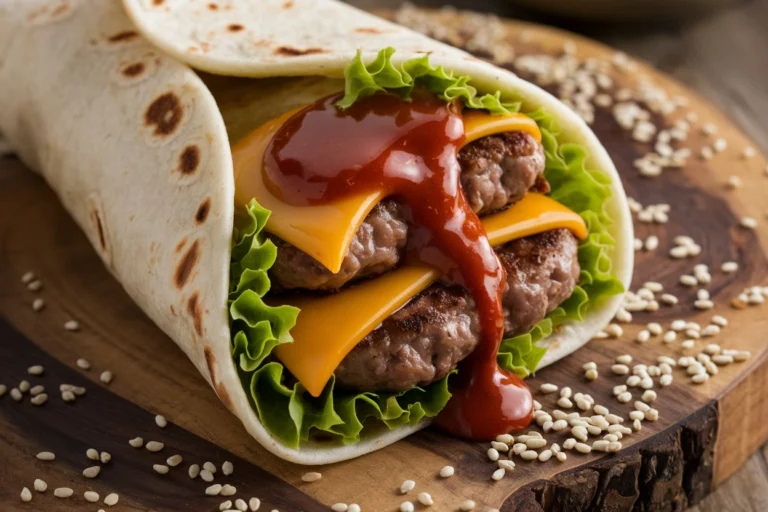 Big Mac Wrap with beef, cheese, pickles, lettuce, and special sauce wrapped in a tortilla for a tasty twist on a classic burger.