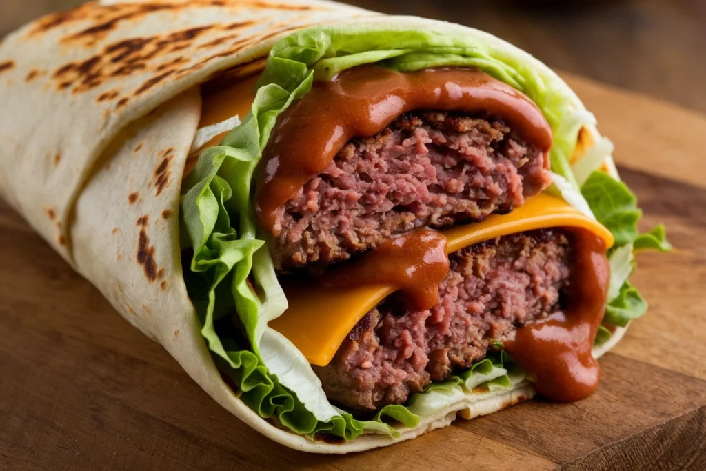 Big Mac Wrap filled with juicy beef, cheese, lettuce, pickles, and special sauce, all wrapped in a soft tortilla.

