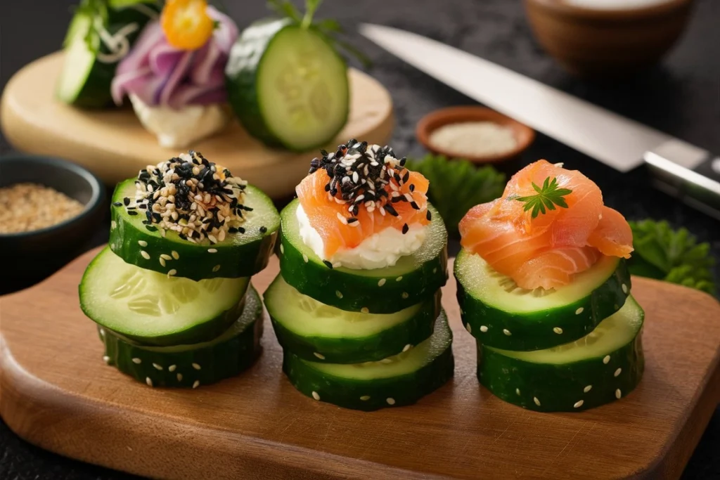 "Refreshing cucumber slices topped with creamy hummus and sprinkled with paprika."