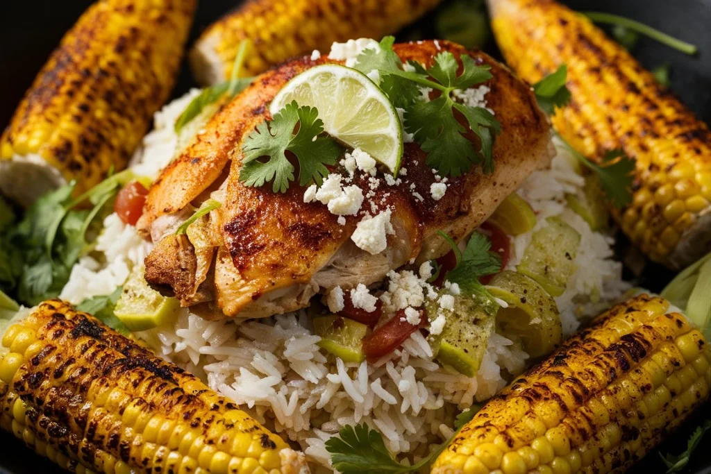 Chicken rice bowl with street corn and lime on top