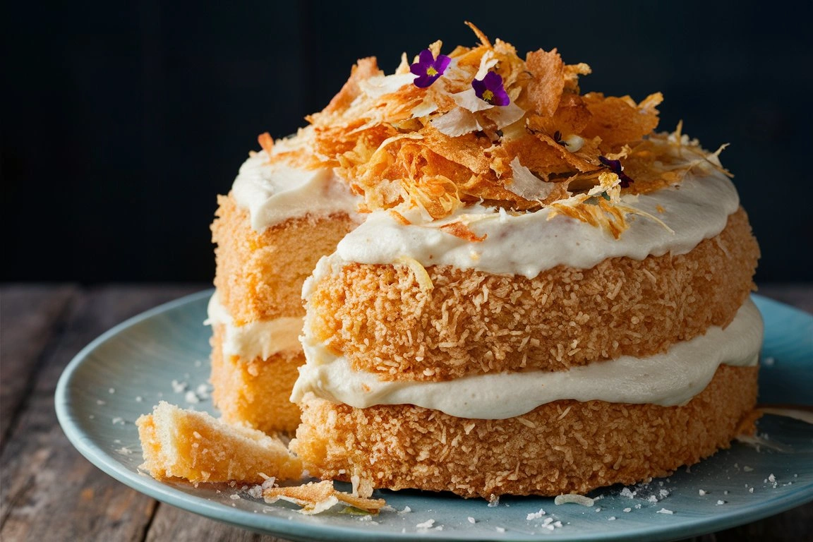 A moist and fluffy coconut cake topped with shredded coconut and a light cream frosting, served on a rustic wooden plate.