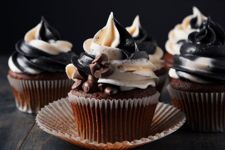 Moist marble cupcake topped with swirled chocolate and vanilla frosting