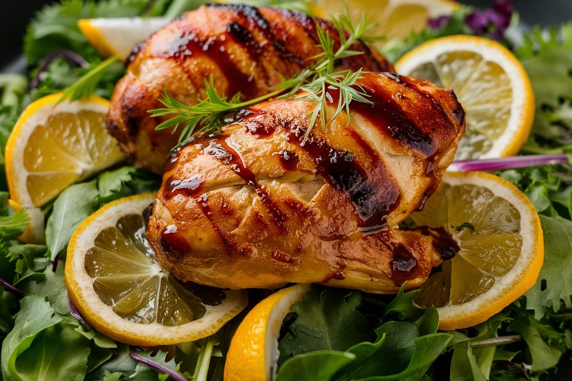 Grilled Citrus Chicken with Glaze served with rice pilaf and corn on the cob