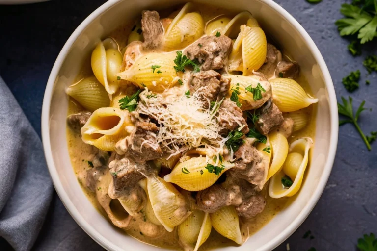 Rich and creamy cheese sauce being stirred into cooked beef and pasta.