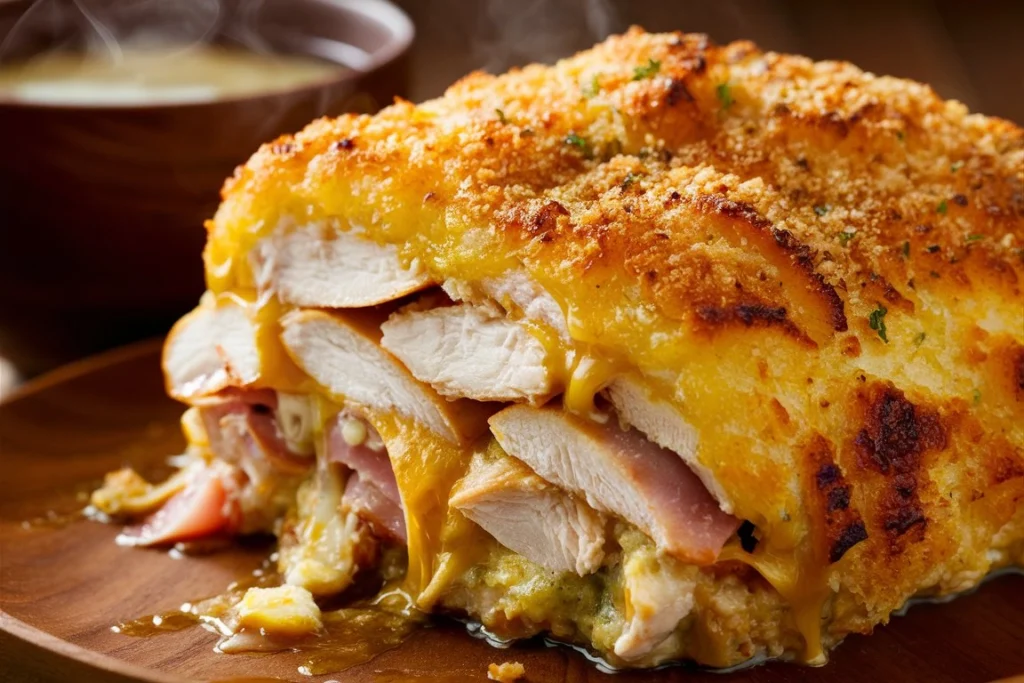 "Cheesy Chicken Cordon Bleu Casserole, a delicious fusion of chicken, ham, and cheese in every bite."